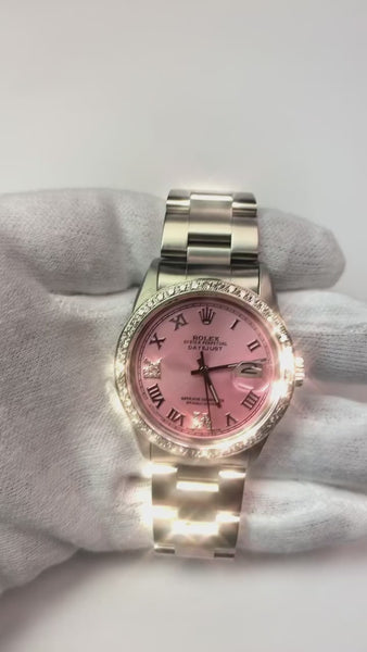 Rolex QUICK SET Pink Roman Dial Diamond Bezel Oyster Bracelet Men Watch 36 mm QUICK SET