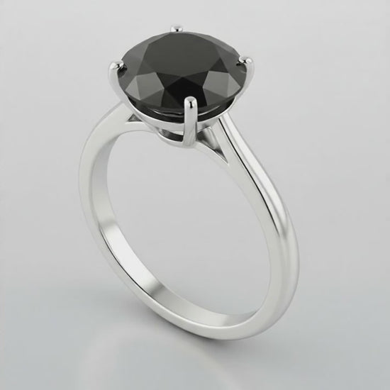 3 Carat Round Black Diamond Solitaire Ring Natural 14K White Gold