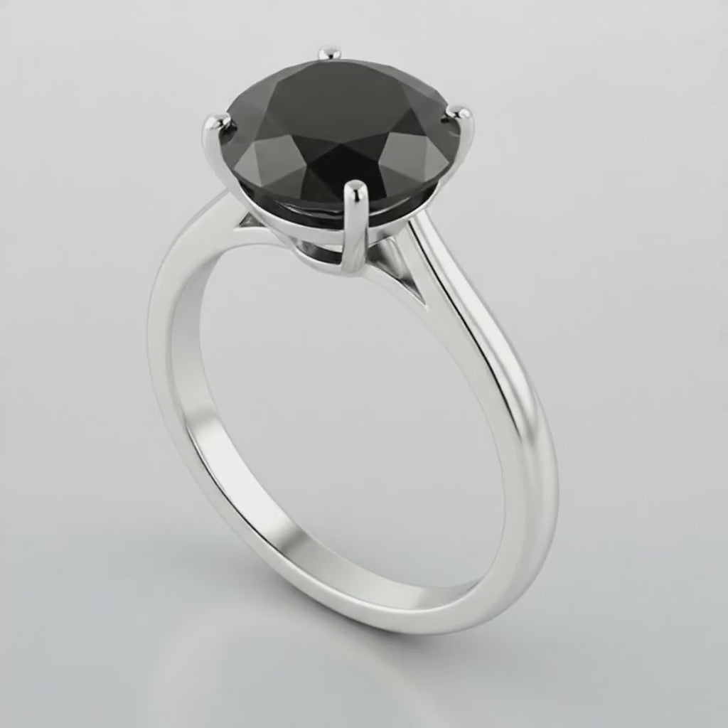 3 Carat Round Black Diamond Solitaire Ring Natural 14K White Gold