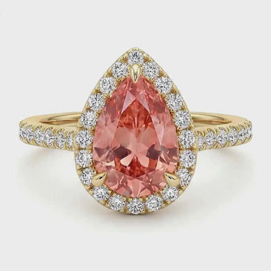 Pear Padparadscha and White Diamond Halo Ring Natural 14K Yellow Gold