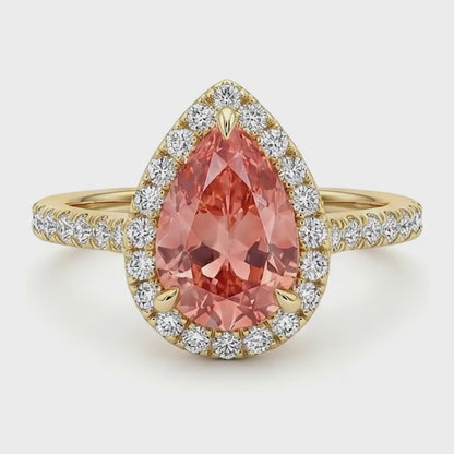 Pear Padparadscha and White Diamond Halo Ring Natural 14K Yellow Gold