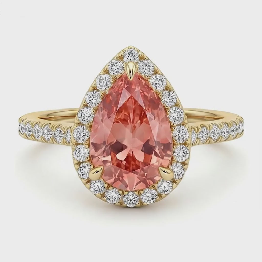 Pear Padparadscha and White Diamond Halo Ring Natural 14K Yellow Gold