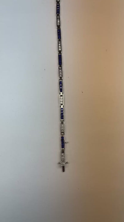 Round Natural Earth Mined Diamond & Princess Sapphire Tennis Bracelet