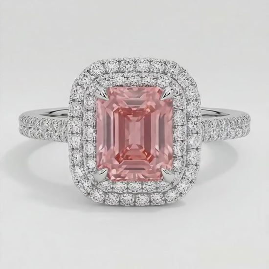 Emerald Cut Padparadscha and White Diamond Double Halo Ring Natural 14K White Gold