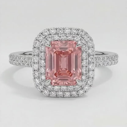 Emerald Cut Padparadscha and White Diamond Double Halo Ring Natural 14K White Gold