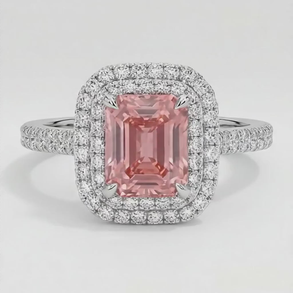 Emerald Cut Padparadscha and White Diamond Double Halo Ring Natural 14K White Gold