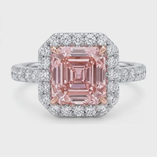 3.25 Carat Asscher Pink Lab Grown Diamond and White Diamond Halo Ring 14K White Gold