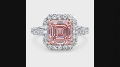 3.25 Carat Asscher Pink Lab Grown Diamond and White Diamond Halo Ring 14K White Gold