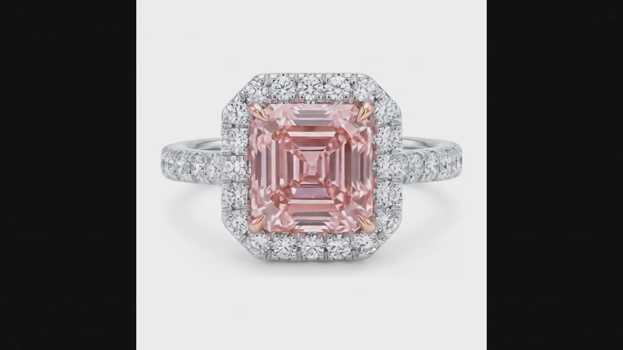 3.25 Carat Asscher Pink Lab Grown Diamond and White Diamond Halo Ring 14K White Gold