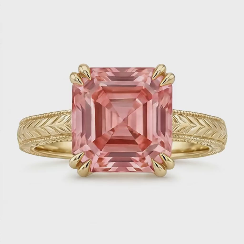 Asscher Padparadscha Solitaire Ring Natural 14K Yellow Gold