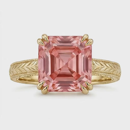 Asscher Padparadscha Solitaire Ring Natural 14K Yellow Gold