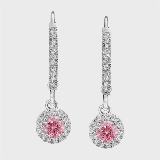 Round Pink Lab Grown Diamond and White Diamond Pave Halo Leverback Earrings 14K White Gold