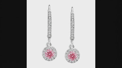 Round Pink Lab Grown Diamond and White Diamond Pave Halo Leverback Earrings 14K White Gold