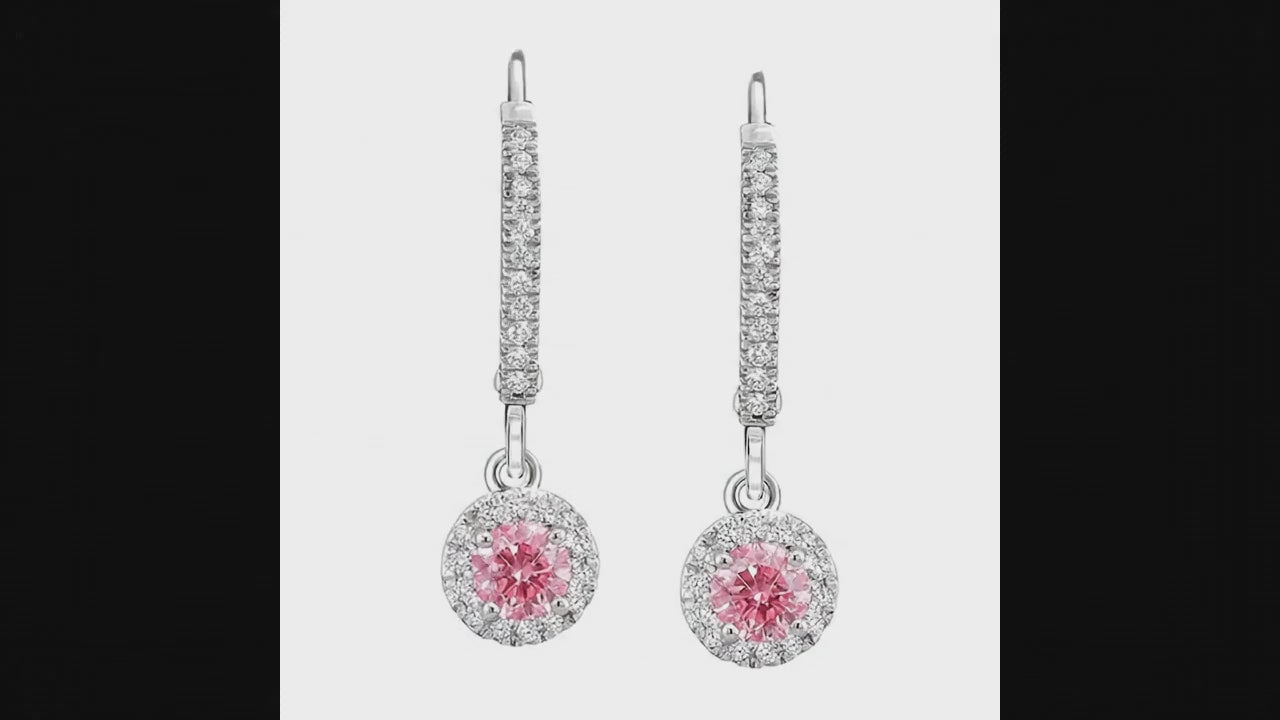 Round Pink Lab Grown Diamond and White Diamond Pave Halo Leverback Earrings 14K White Gold