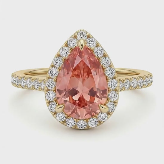 Pear Padparadscha and White Diamond Halo Ring Natural 14K Yellow Gold