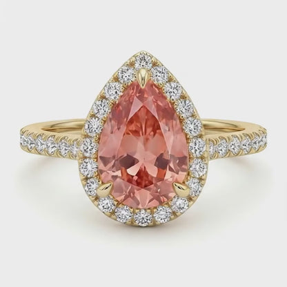 Pear Padparadscha and White Diamond Halo Ring Natural 14K Yellow Gold