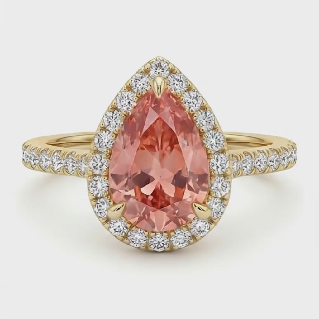 Pear Padparadscha and White Diamond Halo Ring Natural 14K Yellow Gold