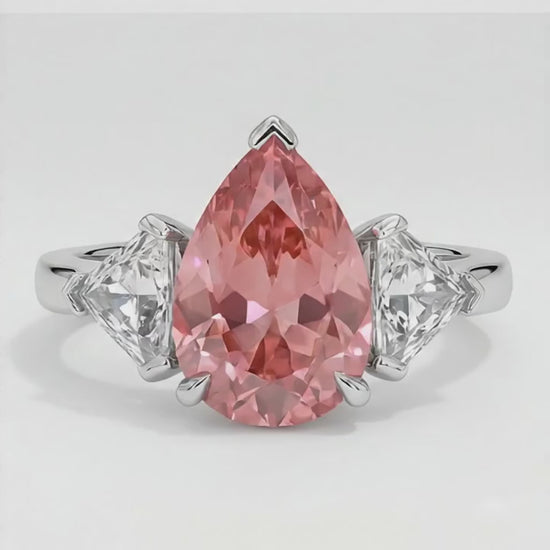 Pear Padparadscha and White Trilliant Three Stone Ring Natural Platinum