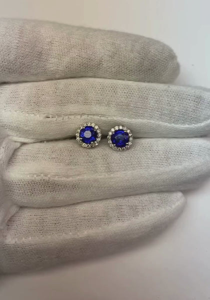 Round Ceylon Sapphire Diamond Cluster Earring White Gold 2.30 Ct.