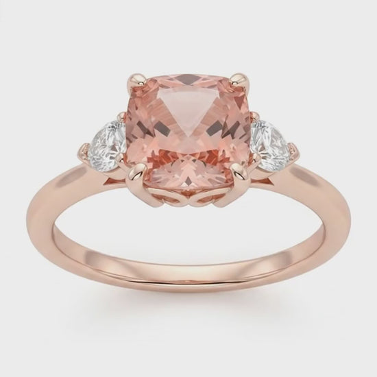 Cushion Padparadscha and White Diamond Three Stone Ring Natural 14K Rose Gold