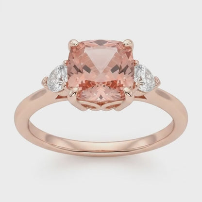 Cushion Padparadscha and White Diamond Three Stone Ring Natural 14K Rose Gold