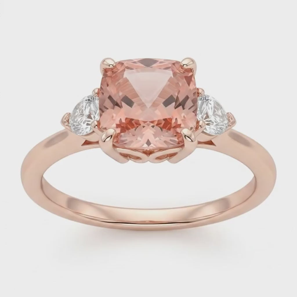 Cushion Padparadscha and White Diamond Three Stone Ring Natural 14K Rose Gold
