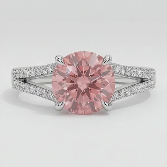 Round Padparadscha and White Diamond Split Shank Ring Natural 14K White Gold