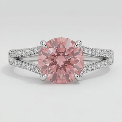 Round Padparadscha and White Diamond Split Shank Ring Natural 14K White Gold