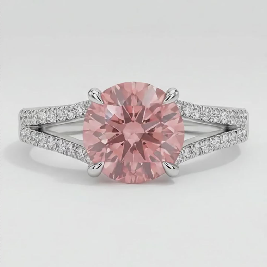 Round Padparadscha and White Diamond Split Shank Ring Natural 14K White Gold