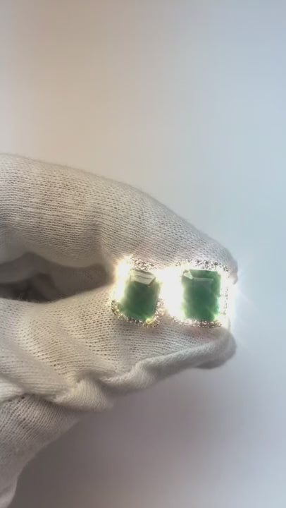 Prong Set Radiant Green Emerald Halo Natural Earth Mined Diamonds Pave 4.70 Ct. Studs