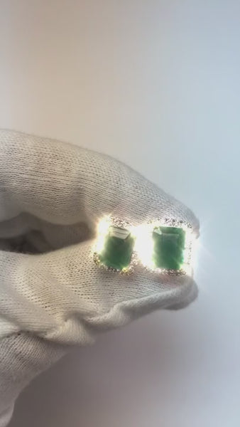 Prong Set Radiant Green Emerald Halo Diamonds Pave 4.70 Ct. Studs