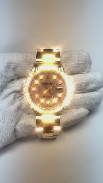 Pink Mother Of Pearl Diamond Dial 36 mm Rolex Datejust Two Tone Watch Oyster Bracelet