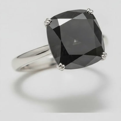 Cushion Black Diamond Solitaire Ring Natural 14K White Gold