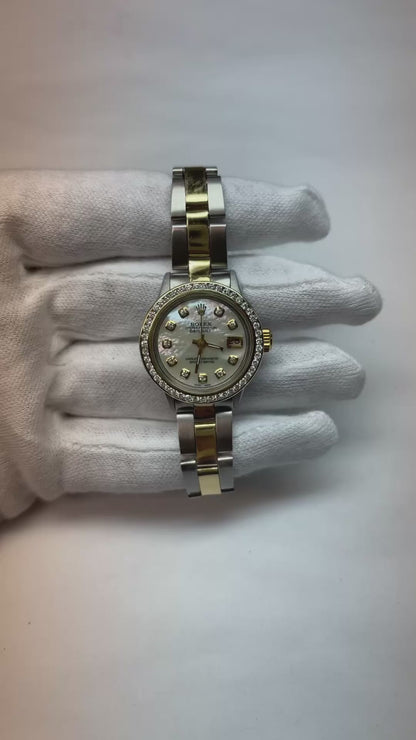Rolex Datejust 26 mm White Mother Of Pearl Diamond Dial Two Tone Oyster Bracelet Watch