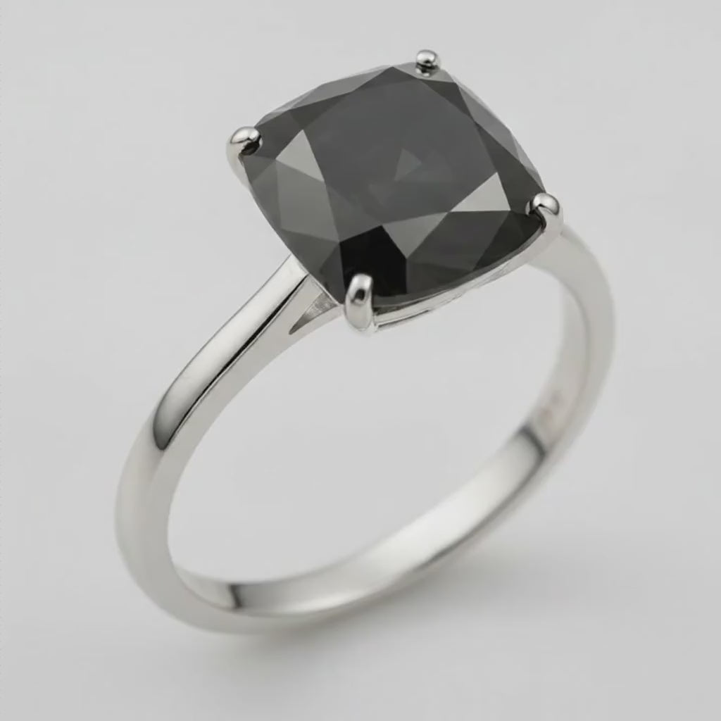 2 Carat Cushion Black Diamond Solitaire Ring Natural 14K White Gold
