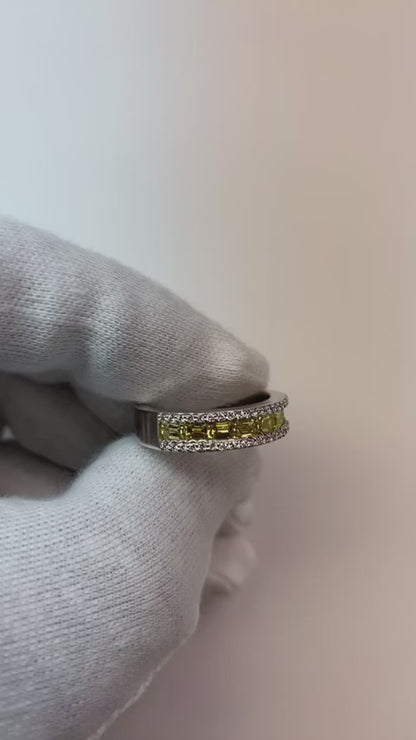 Canary Yellow Diamond Emerald Cut & Round Gold Band 3.25 Carats