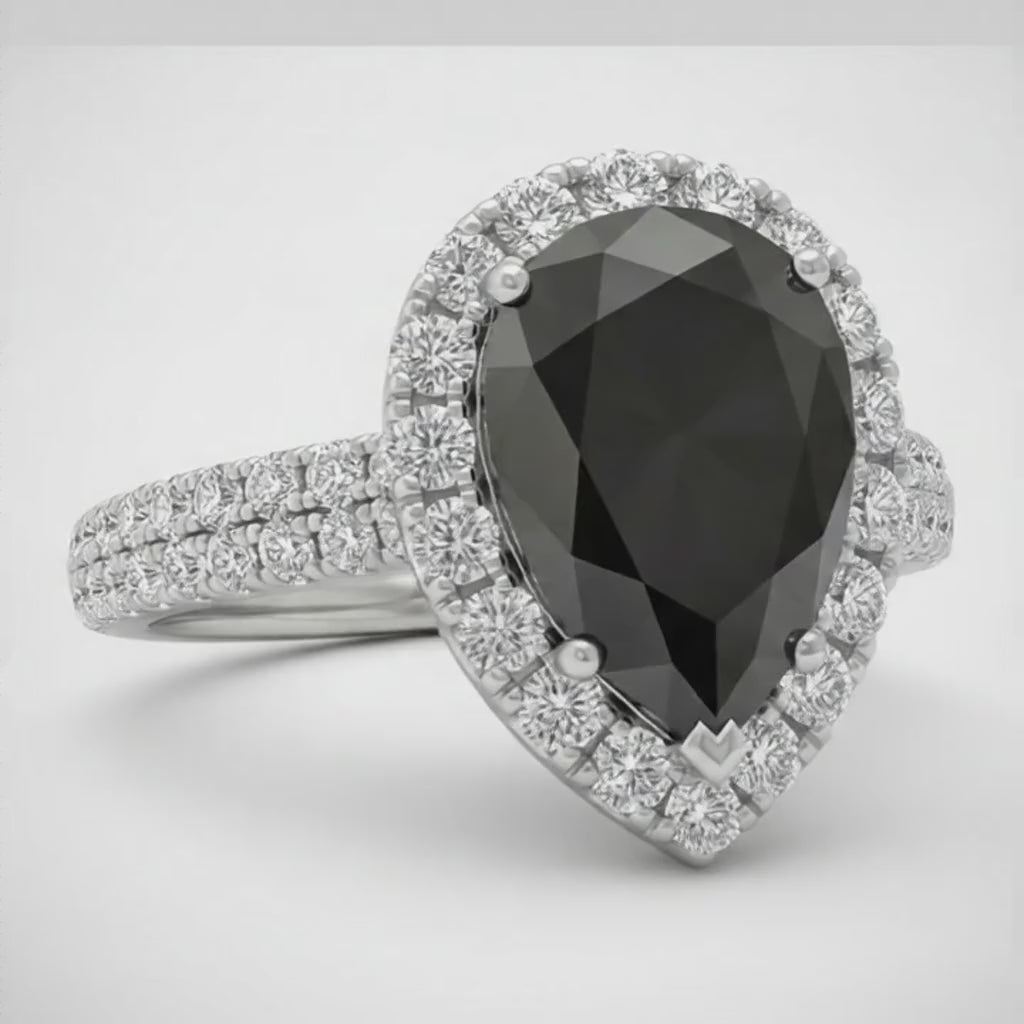 Pear Black Diamond and White Diamond Halo Ring Natural 14K White Gold