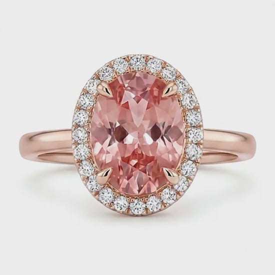 Oval Padparadscha and White Diamond Halo Ring Natural 14K Rose Gold
