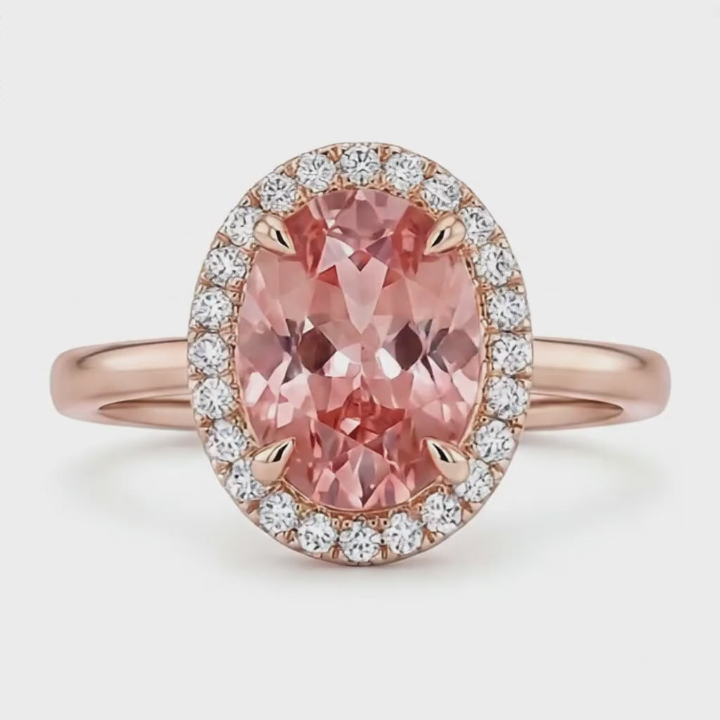 Oval Padparadscha and White Diamond Halo Ring Natural 14K Rose Gold
