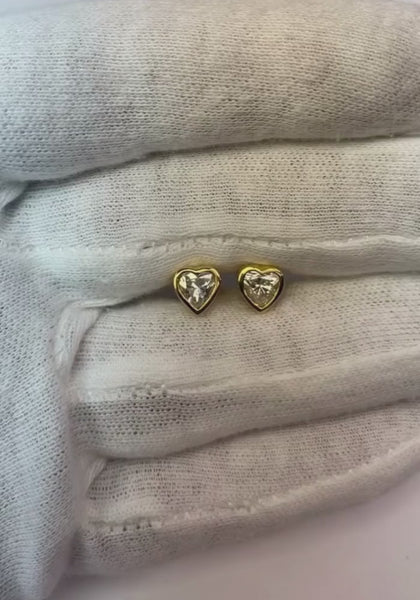 Earth Mined Diamond Heart Stud Earrings Bezel Set Yellow Gold