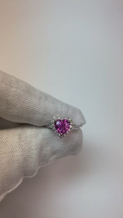3.35 Carats Heart Pink Sapphire And Round Small Natural Earth Mined Diamonds Gemstone Ring