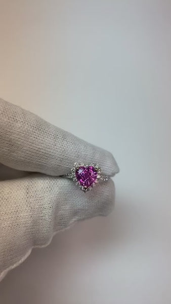 3.35 Carats Heart Pink Sapphire And Round Small Diamonds Gemstone Ring