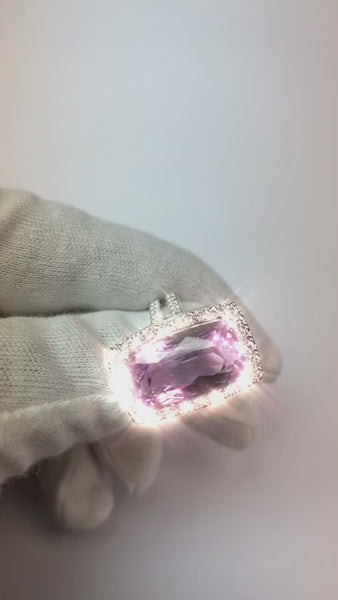 Cushion Cut Pink Kunzite 24.50 Ct Diamond Ring White Gold Lady Jewelry