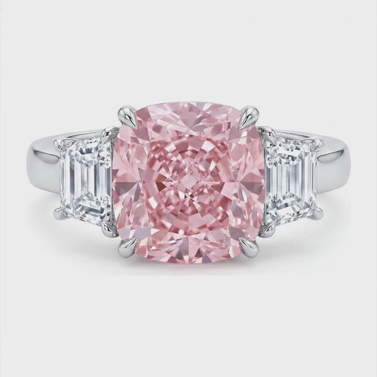 6 Carat Cushion Pink Lab Grown Diamond and White Diamond Three Stone Ring 14K White Gold