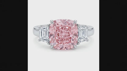 6 Carat Cushion Pink Lab Grown Diamond and White Diamond Three Stone Ring 14K White Gold