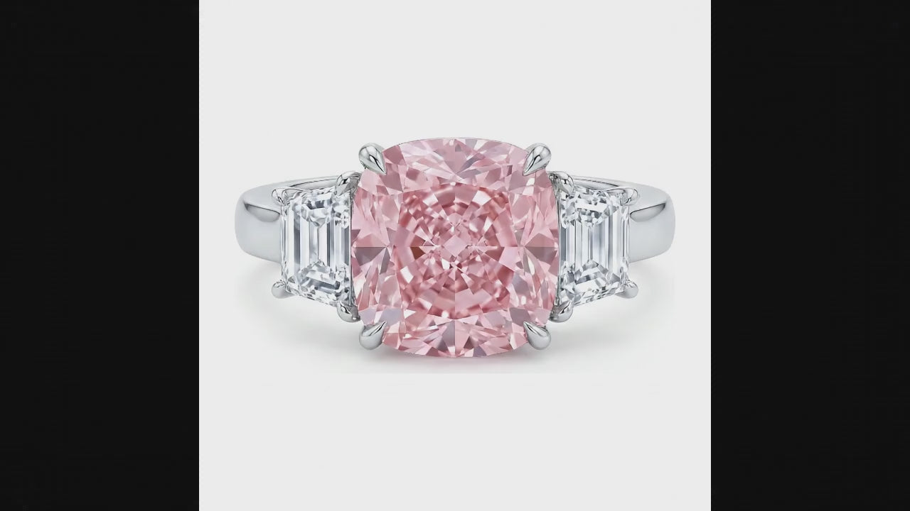 6 Carat Cushion Pink Lab Grown Diamond and White Diamond Three Stone Ring 14K White Gold