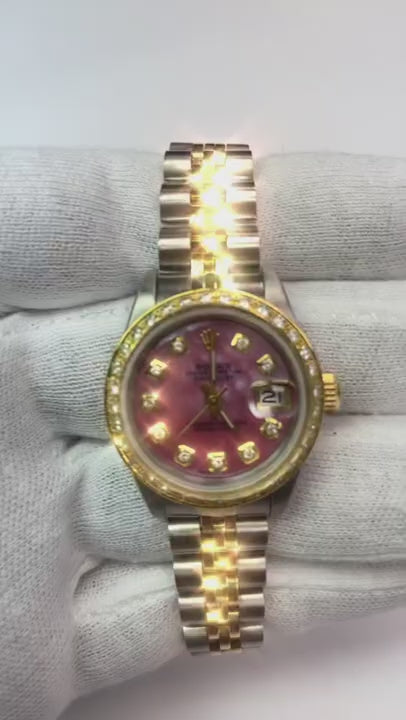 Rolex Ladies 18K Yellow Gold Pink Dial set Diamond Watch