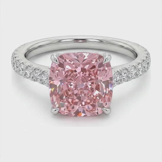 2.75 Carat Cushion Pink Lab Grown Diamond and White Diamond Pave Ring 14K White Gold