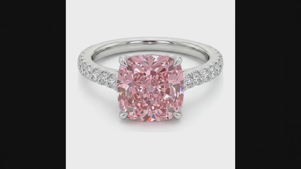 2.75 Carat Cushion Pink Lab Grown Diamond and White Diamond Pave Ring 14K White Gold