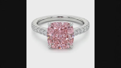 2.75 Carat Cushion Pink Lab Grown Diamond and White Diamond Pave Ring 14K White Gold
